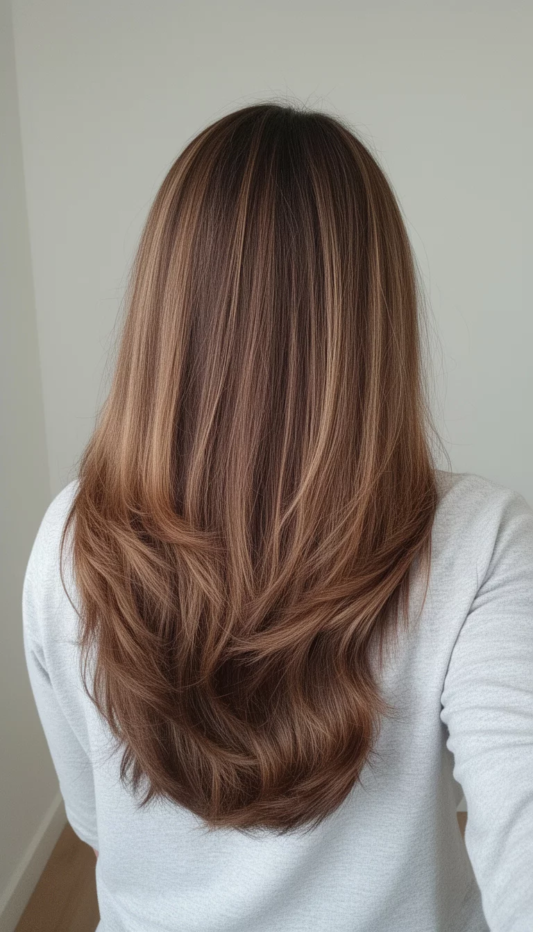 selfie of a 36-year-old woman wearing a light gray top with a medium-brown with soft highlights colored long, layered, medium-brown hair, back view, minimal background