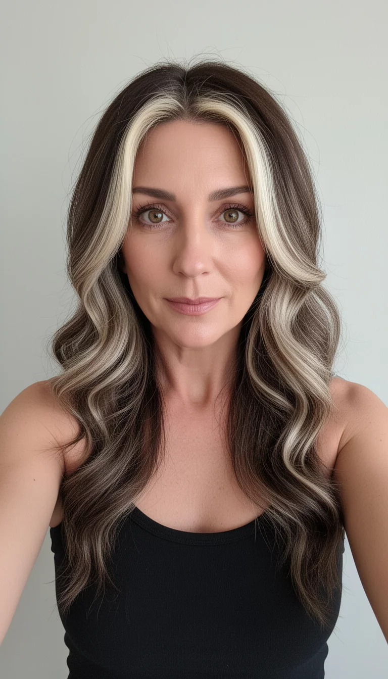 selfie of a 38-year-old woman wearing a black tank top with a brunette with bright face-framing blonde highlights colored long, wavy brunette hair, front view, minimal background
