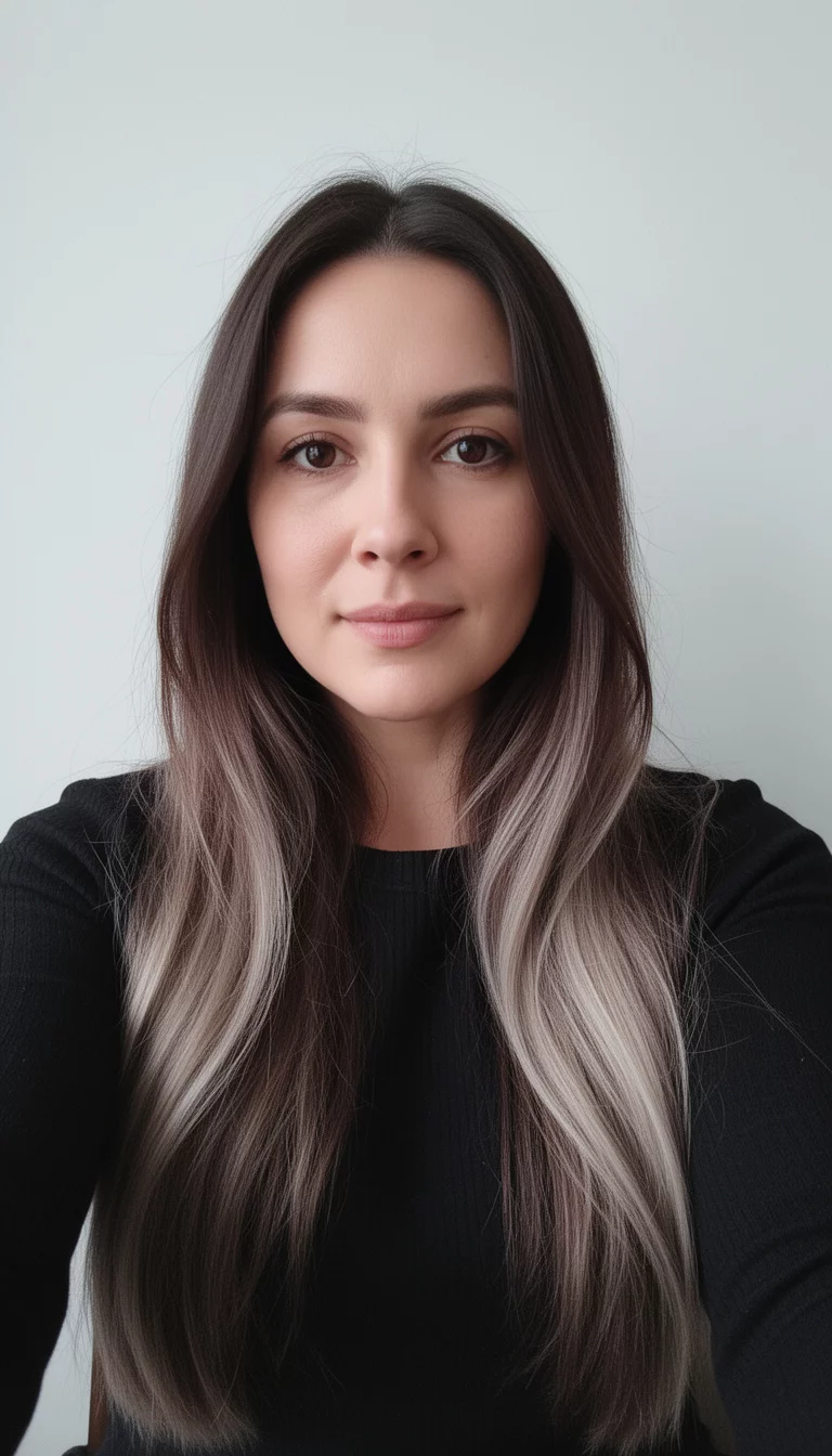 selfie of a 32-year-old woman wearing a black top with a dark brown with soft, ashy blonde highlights colored long, dark brown hair, front view, minimal background
