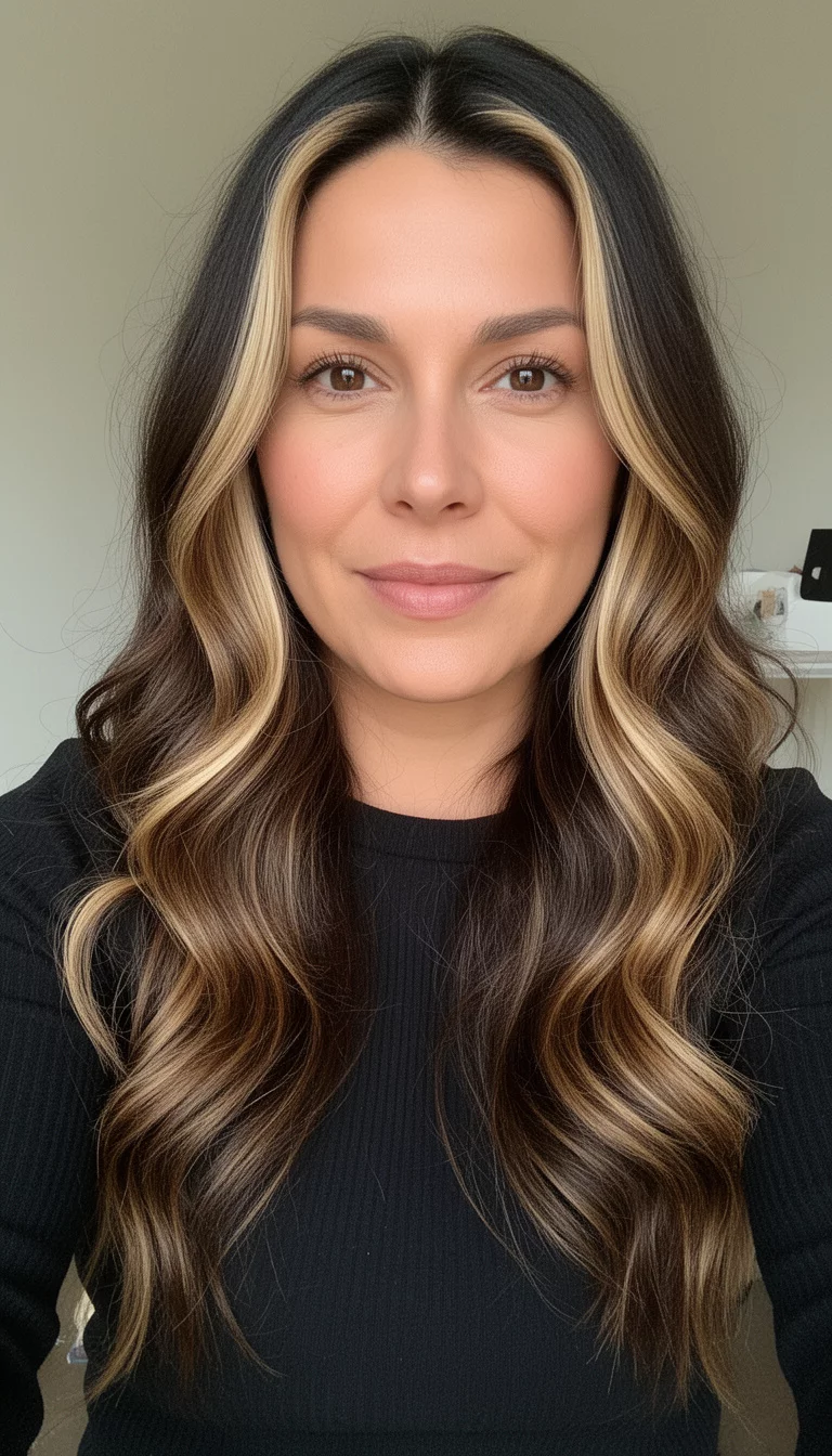 selfie of a 34-year-old woman wearing a black top with a dark brown with warm blonde highlights colored long, wavy dark brown hair, front view, minimal background