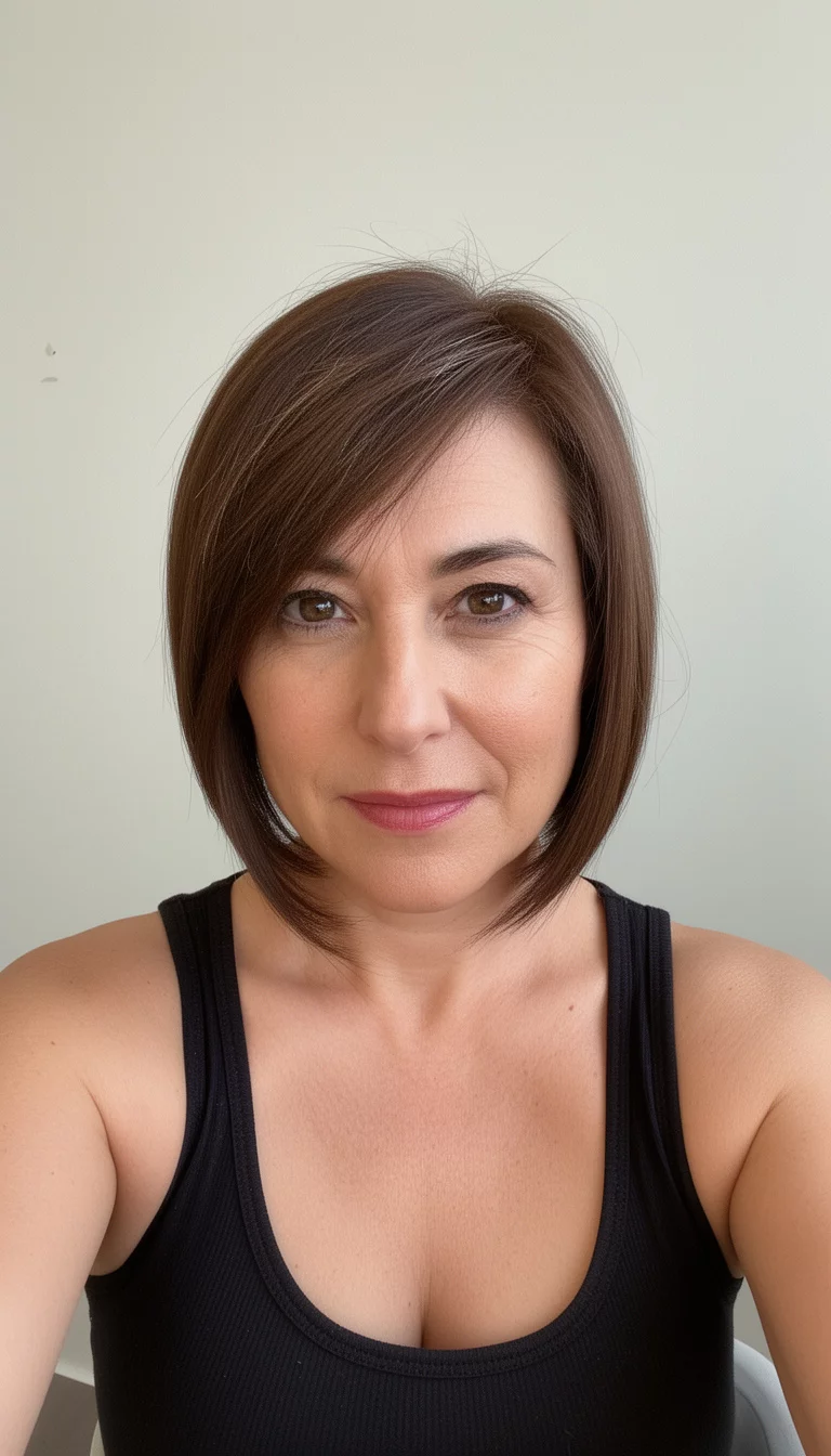 selfie of a 47-year-old woman wearing a black tank top with a brown with bold silver-white chunky highlights colored sleek, angled brown bob, front view, minimal background