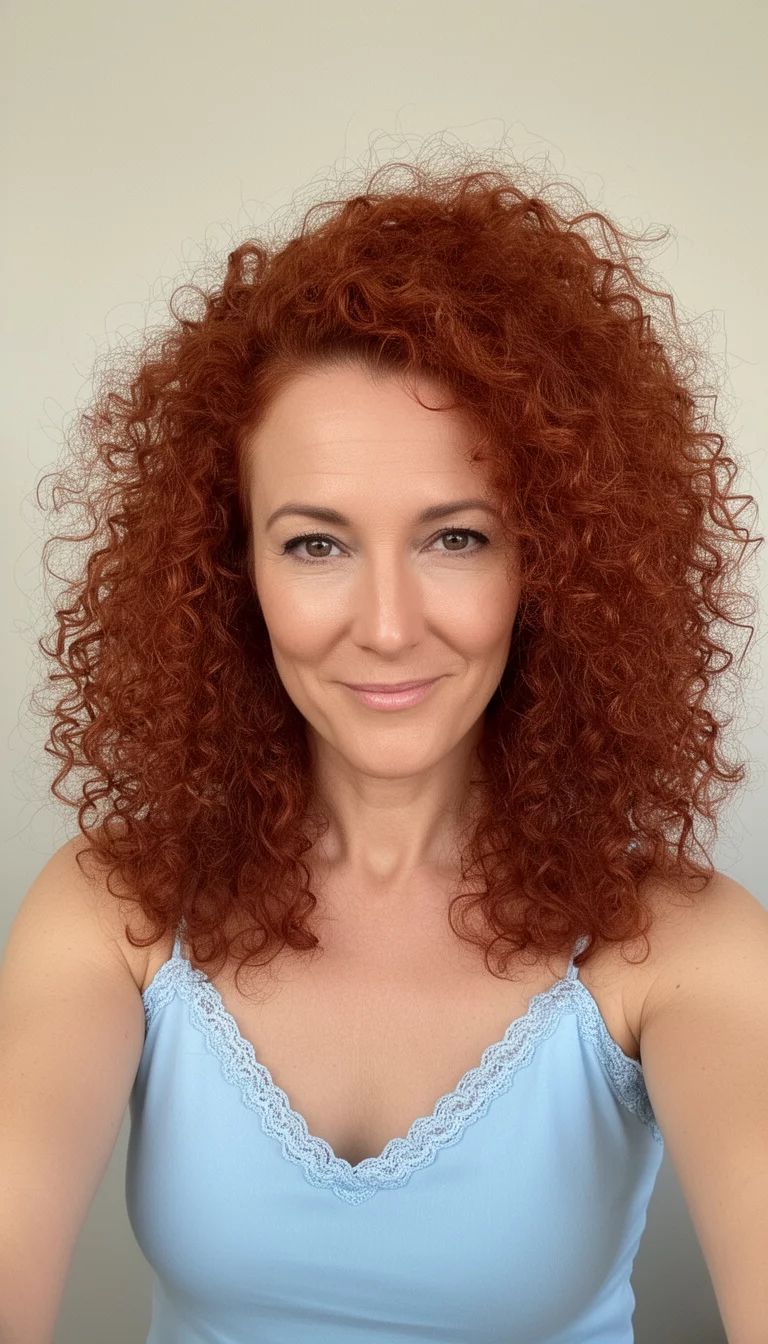 selfie of a 37-year-old woman wearing a light blue camisole with a rich auburn colored voluminous, rich auburn curly hair, front view, minimal background