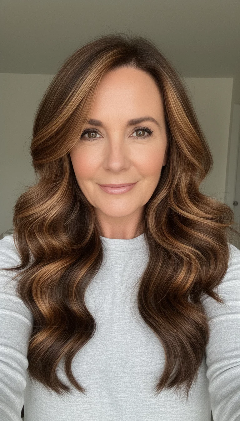 selfie of a 46-year-old woman wearing a light gray top with a brown with striking caramel babylights colored long, voluminous, wavy brown hair, front view, minimal background