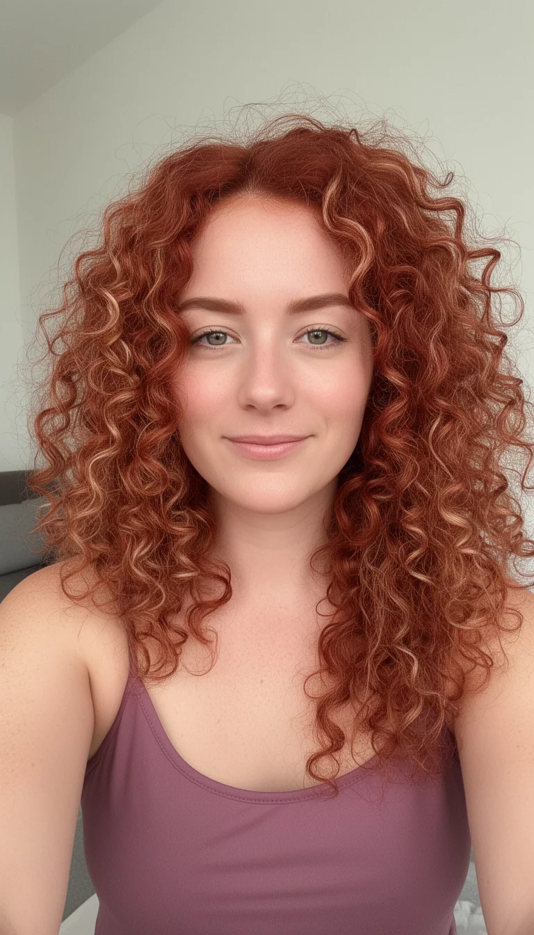 selfie of a 29-year-old woman wearing a mauve camisole with a reddish-brown with lighter highlights colored voluminous, reddish-brown curly hair, front view, minimal background