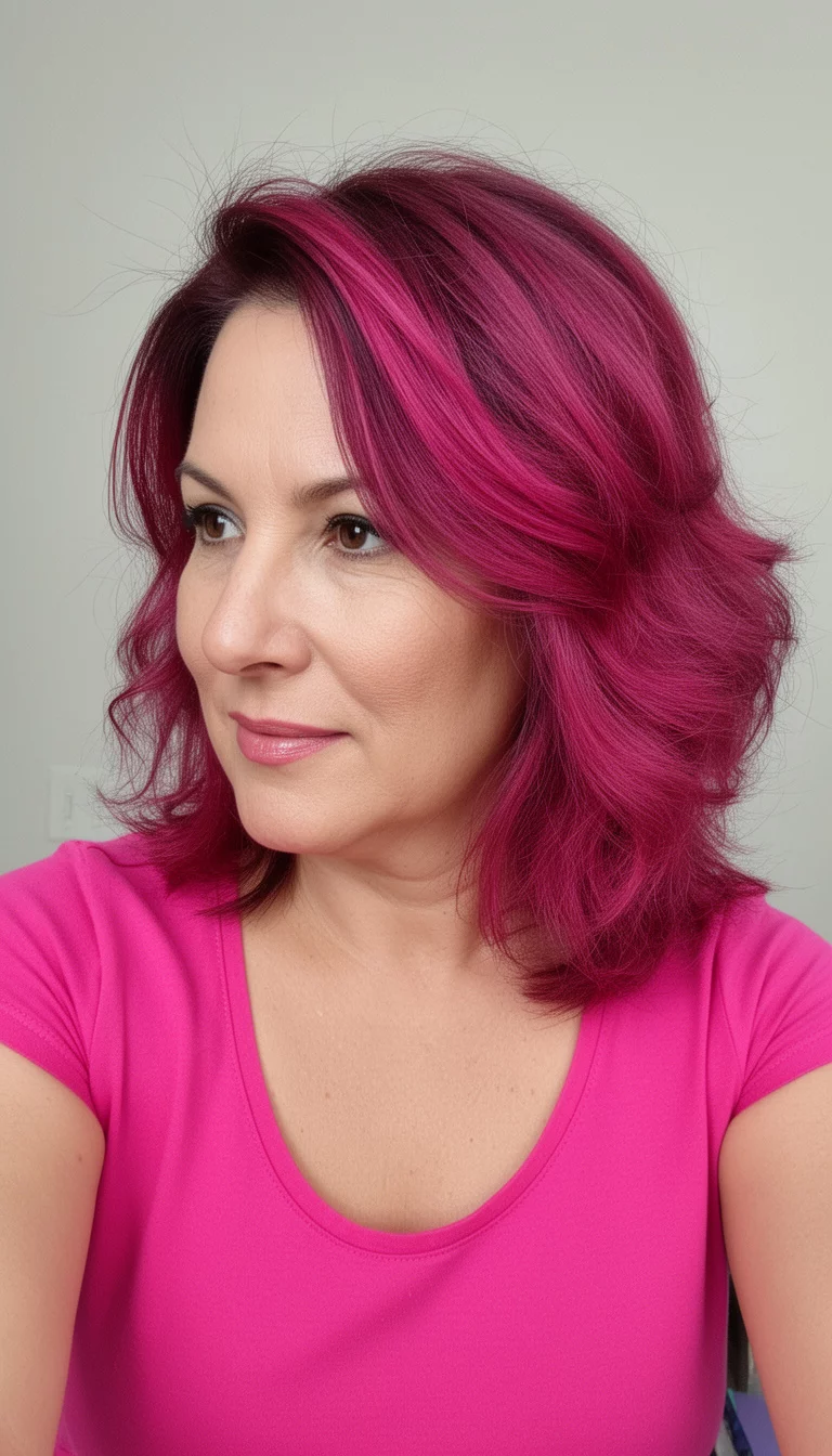 selfie of a 42-year-old woman wearing a pink top with a pink and magenta colored medium-length, layered, wavy hair, side view, minimal background