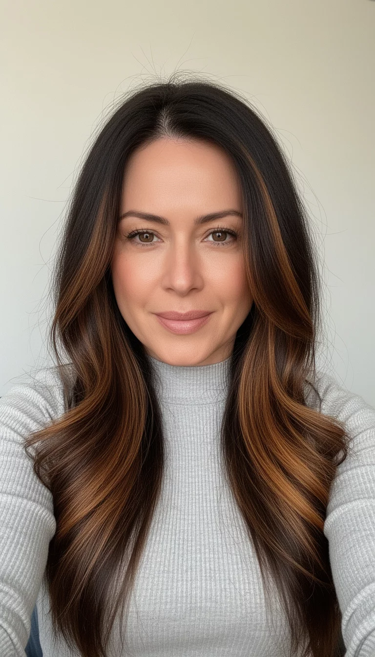 selfie of a 35-year-old woman wearing a light gray ribbed top with a dark brown with warm caramel highlights colored long, luscious dark brown hair, front view, minimal background
