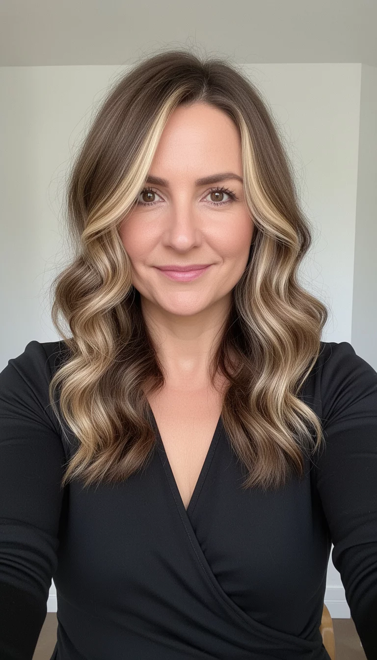 selfie of a 37-year-old woman wearing a black wrap top with a brown with-prominent blonde highlights colored medium-long, wavy brown hair, front view, minimal background