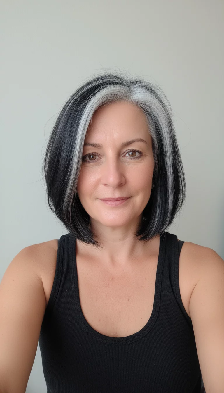 selfie of a 49-year-old woman wearing a black tank top with a dark hair with thick silver-gray highlights colored chin-length, asymmetrical dark hair, front view, minimal background