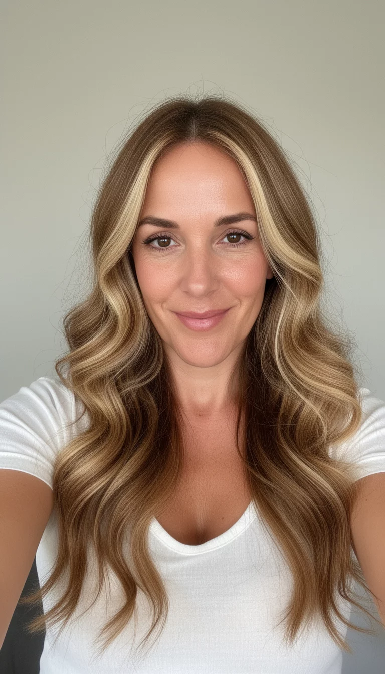 selfie of a 35-year-old woman wearing a white top with a caramel and blonde highlights colored very long, wavy hair, front view, minimal background