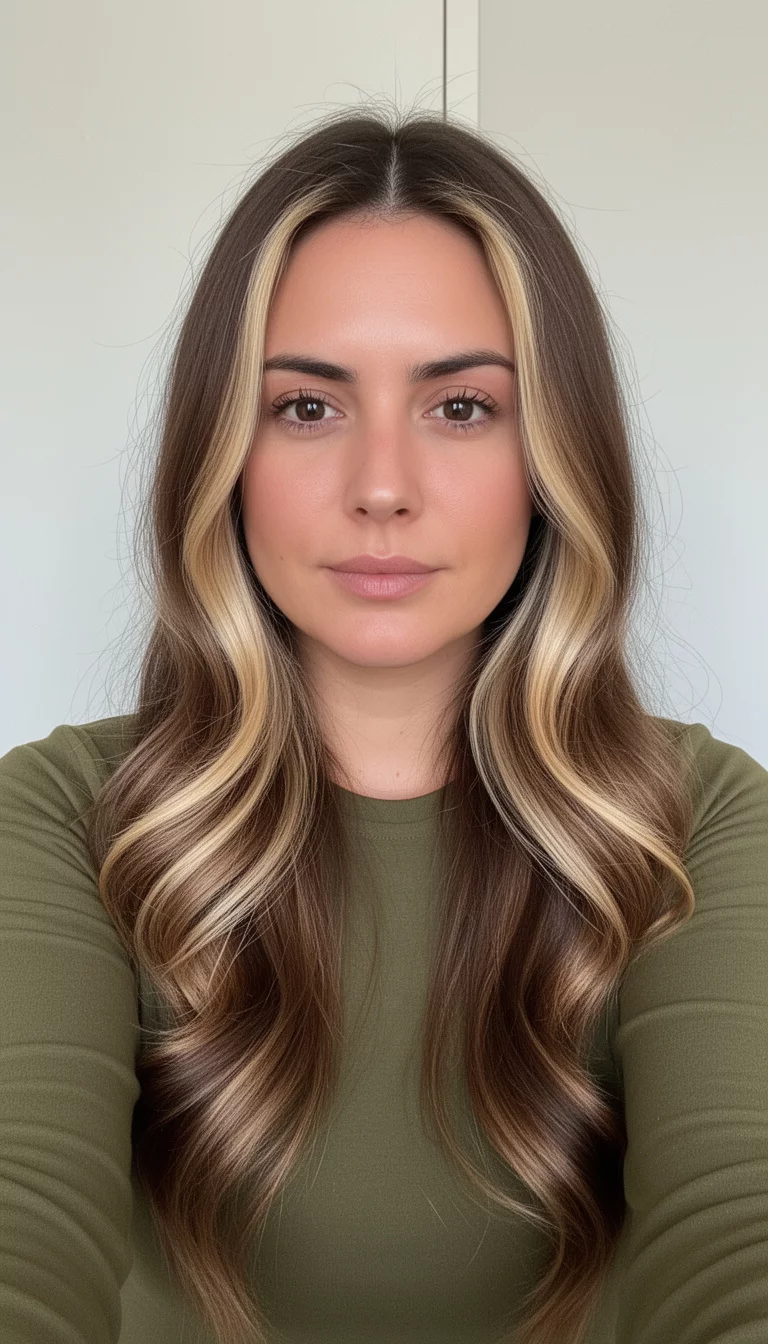 selfie of a 31-year-old woman wearing an olive green top with a brown with blonde face-framing highlights colored long, wavy hair, front view, minimal background