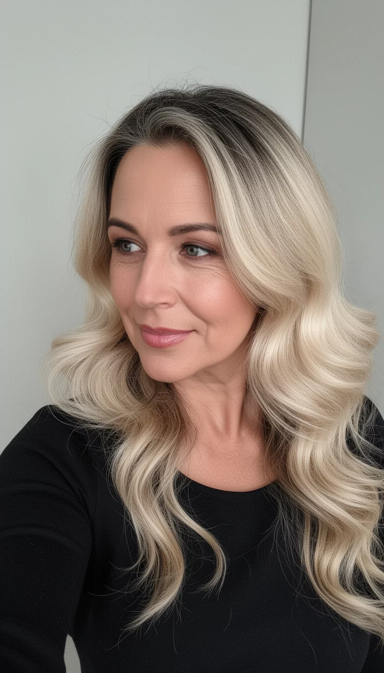 selfie of a 45-year-old woman wearing a black top with a blonde with dark roots colored long, voluminous, wavy hair, side view, minimal background
