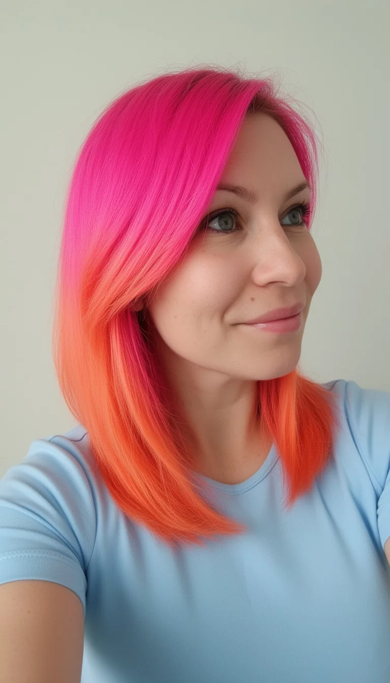 selfie of a 31-year-old woman wearing a light blue top with a pink-to-orange ombre colored medium-length, vibrant pink-to-orange ombre, side view, minimal background