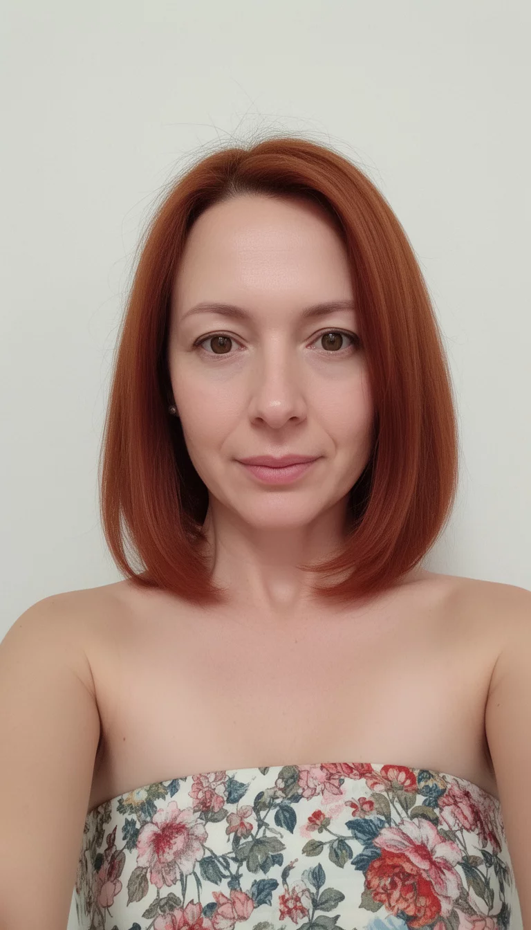 selfie of a 33-year-old woman wearing a floral strapless top with a auburn colored shoulder-length, auburn hair, front view, minimal background