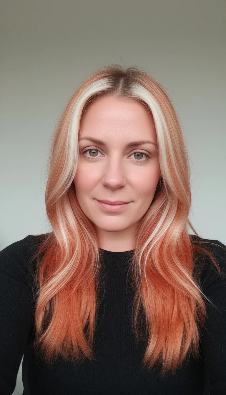 selfie of a 33-year-old woman wearing a black top with a strawberry blonde with bright blonde highlights colored long, strawberry blonde hair, front view, minimal background