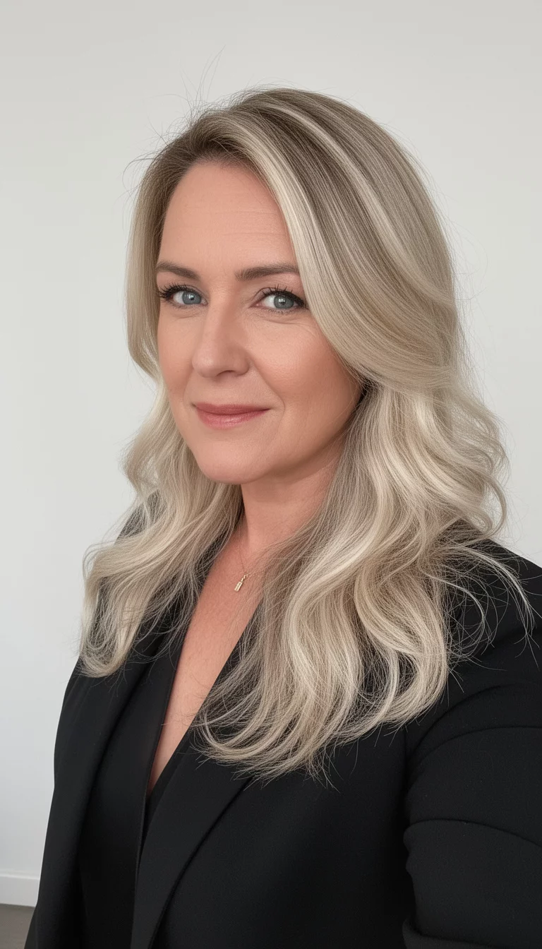 selfie of a 44-year-old woman wearing a black blazer with a light blonde with darker roots colored long, wavy, light blonde hair, side view, minimal background