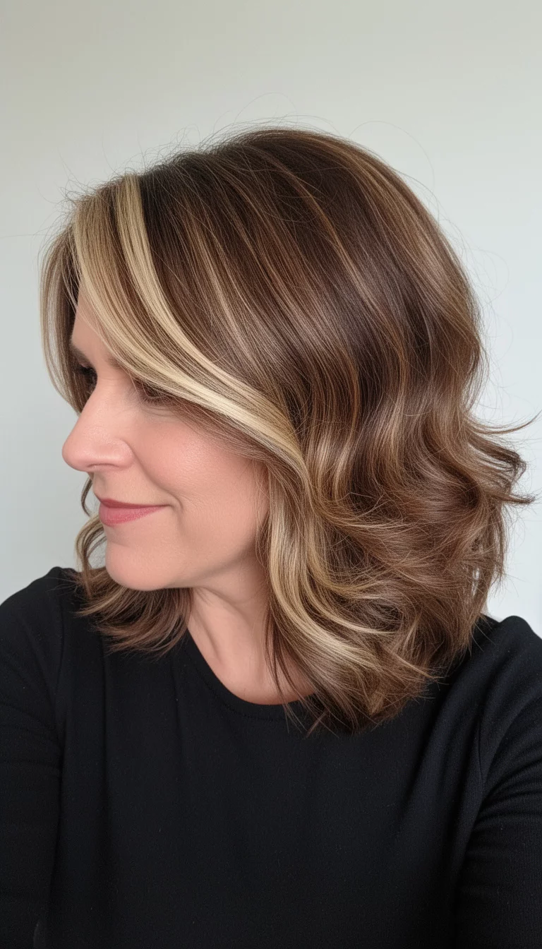 selfie of a 41-year-old woman wearing a black top with a brown with distinct blonde highlights colored medium-length, layered, wavy brown hair, side view, minimal background