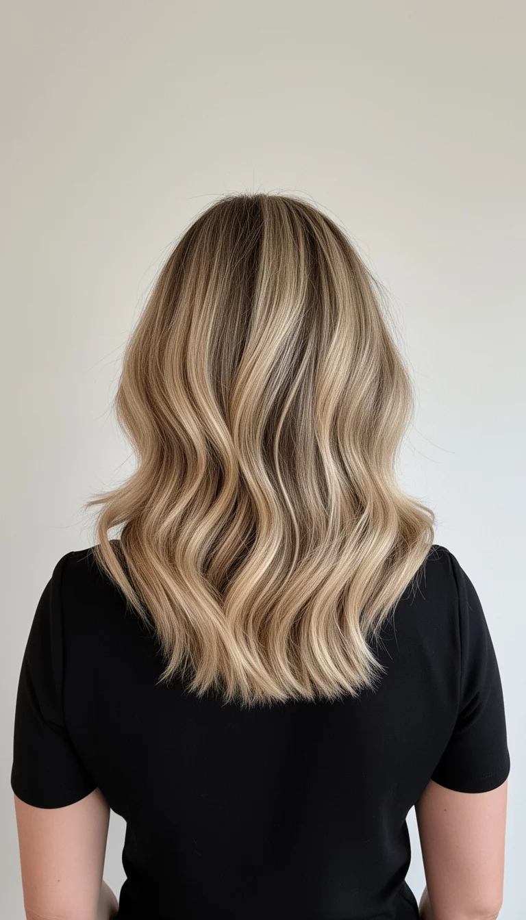 selfie of a 39-year-old woman wearing a black top with a blonde with highlights colored medium-length, wavy hair, back view, minimal background