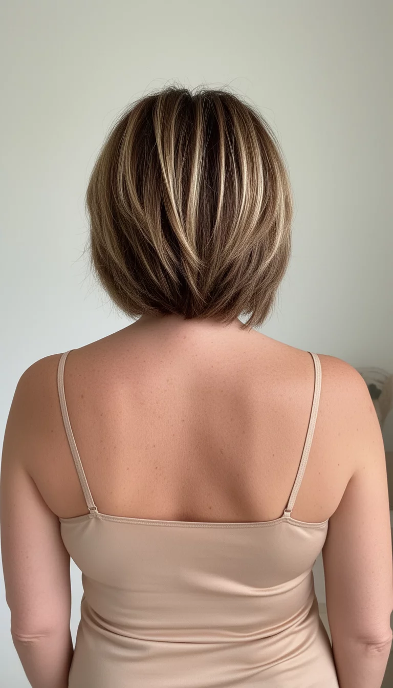 selfie of a 48-year-old woman wearing a nude camisole with a brown with blonde highlights colored layered, inverted bob, back view, minimal background