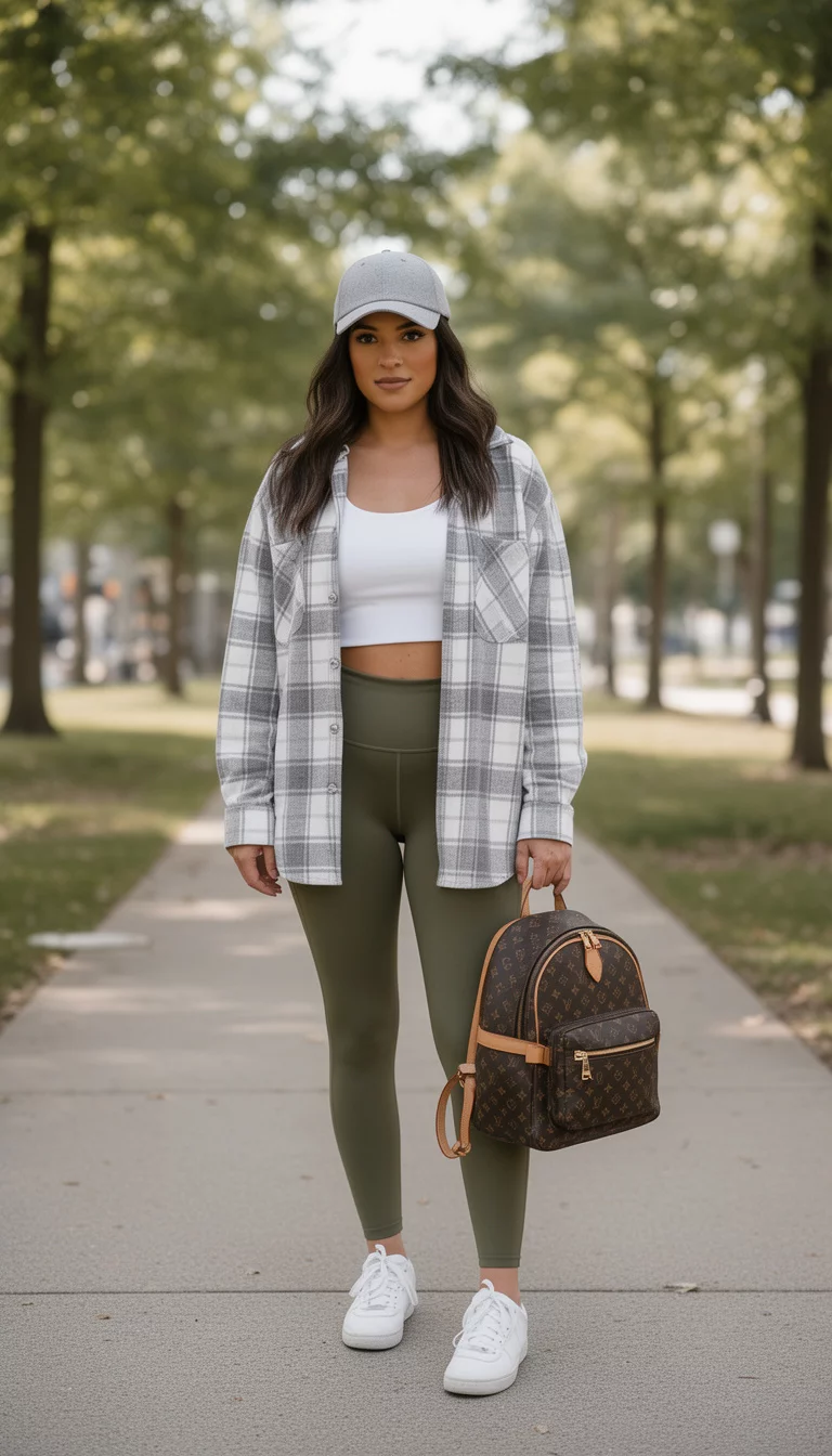 A beautiful woman in a white crop top, olive green leggings, a plaid grey and white overshirt, a grey cap, white sneakers, and a designer backpack.