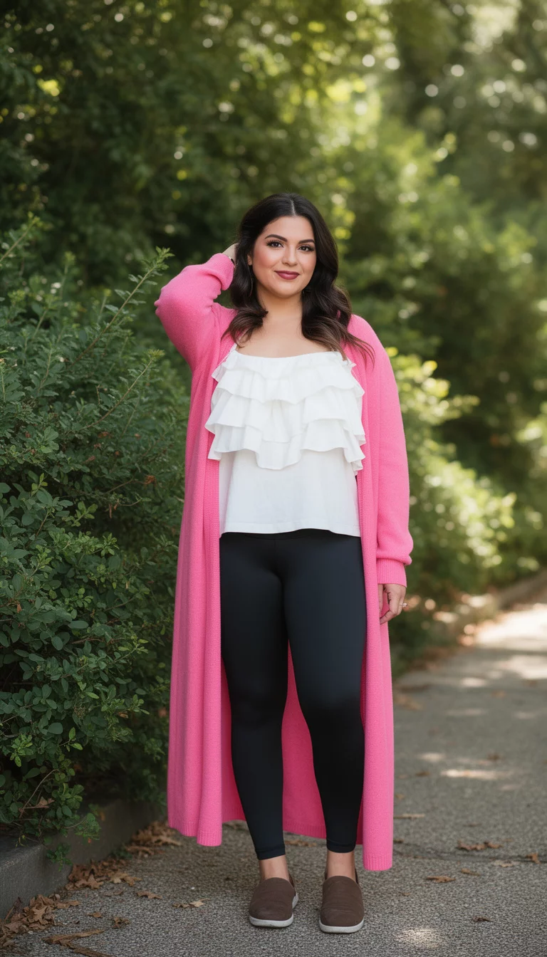 A beautiful woman in a white ruffled white top, black leggings, and a long pink open cardigan, posing outdoors with greenery around her.
