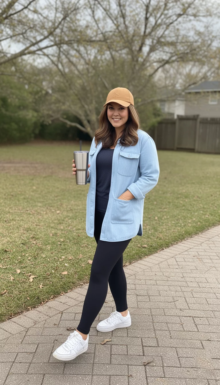 A beautiful woman in a tan baseball cap, a light blue shacket over a dark top, black leggings, and white sneakers while holding a tumbler.