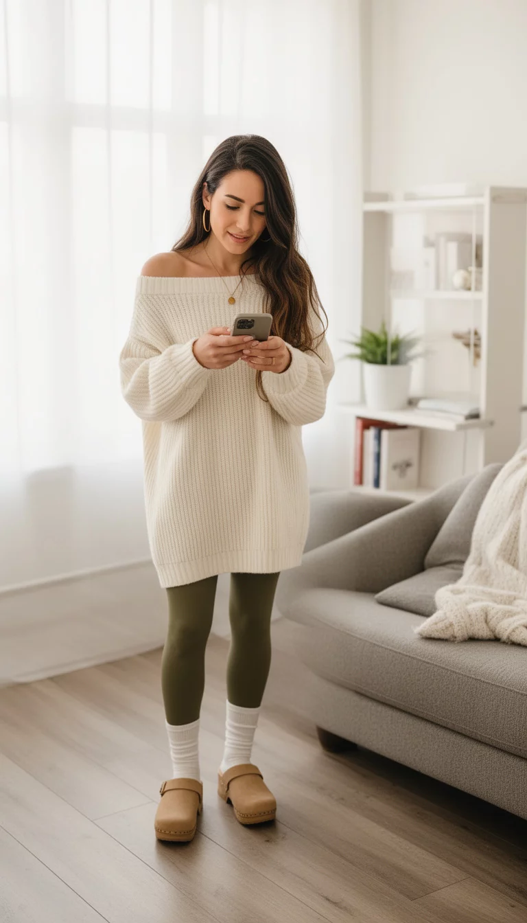 A beautiful woman in an oversized off-the-shoulder cream sweater, olive green leggings, white socks, and tan clogs, checking her phone.
