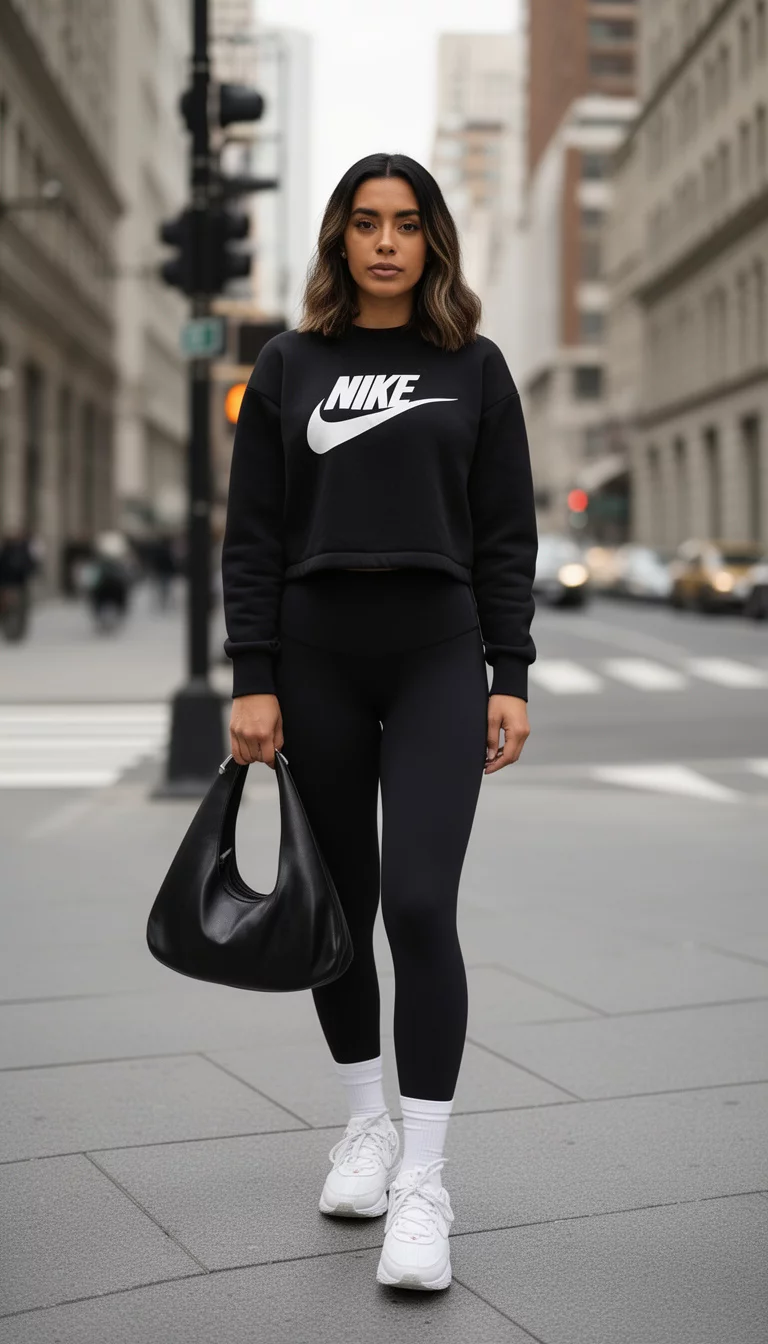 A beautiful woman in an all-black outfit: a cropped Nike pullover, black leggings, white socks, and white sneakers, holding a black hobo bag.