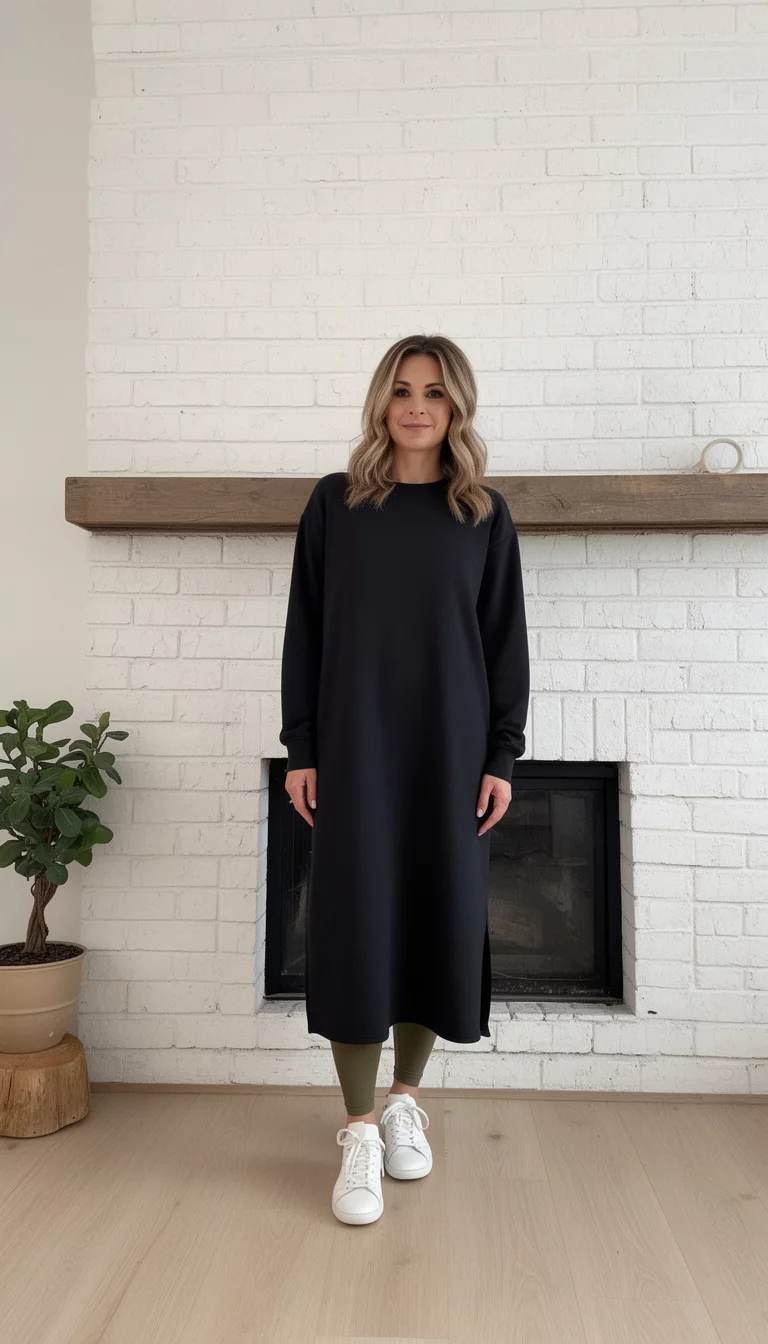A beautiful woman in a long black tunic sweatshirt, olive green leggings, and clean white sneakers while standing in front of a white brick fireplace.