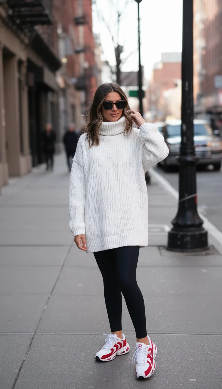 A beautiful woman in a white turtleneck oversized sweater, black leggings, dark sunglasses, and white and red athletic sneakers, posing on a city sidewalk.