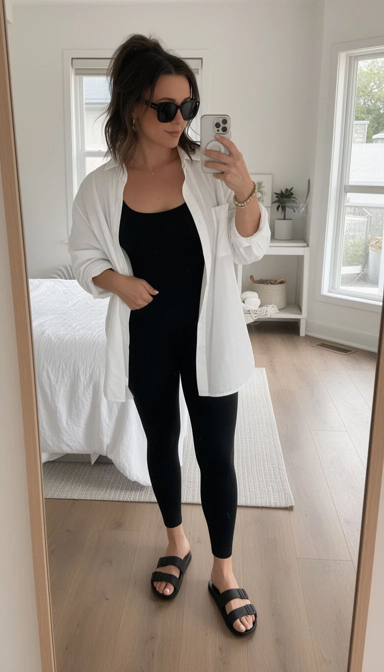 A beautiful woman in an all-black base layer, a white oversized button-down shirt open over it, black slide sandals, and sunglasses, taking a mirror selfie.
