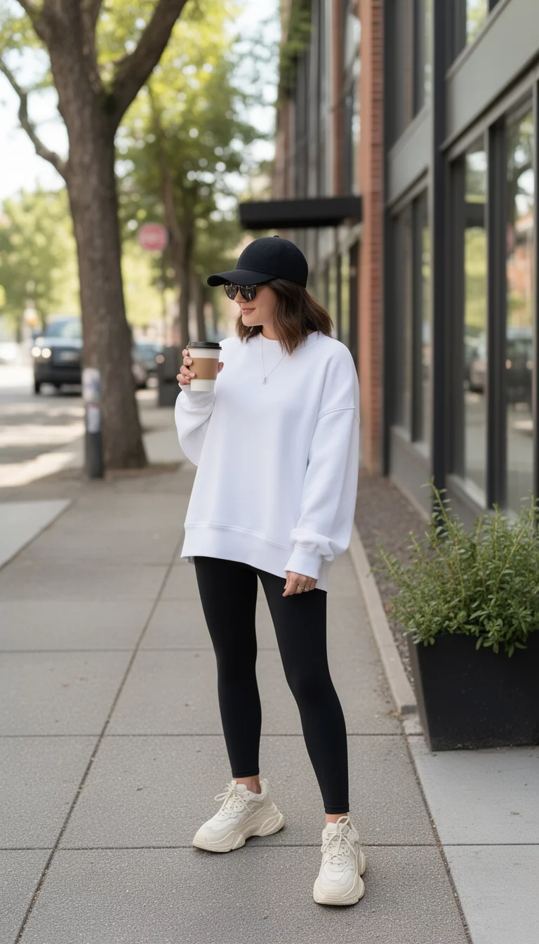 A beautiful woman in a white layered sweatshirt, black leggings, a black baseball cap, sunglasses, and chunky cream sneakers while holding a coffee cup.