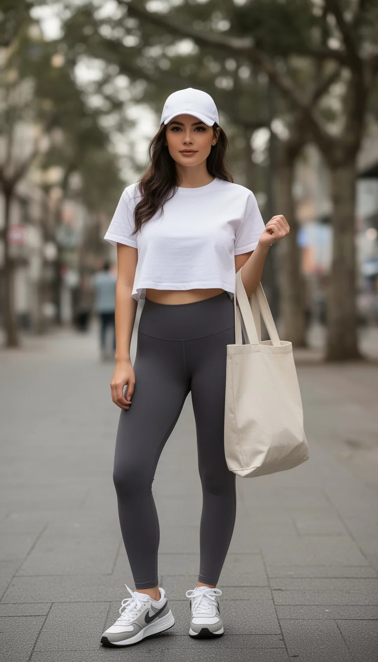 A beautiful woman in a white cropped T-shirt, dark gray high-waisted leggings, white and gray sneakers, a white baseball cap, and a large canvas tote.