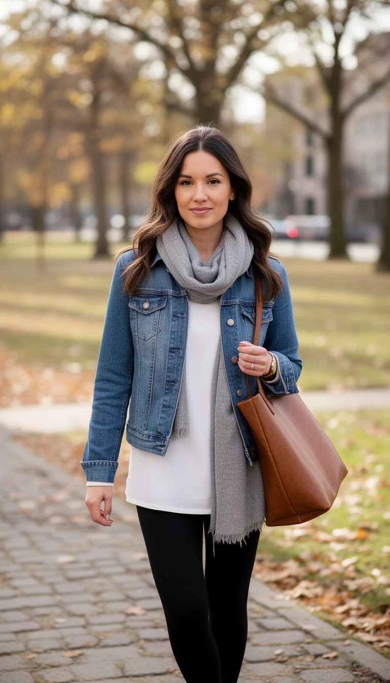A beautiful woman in a white top, black leggings, a blue denim jacket layered over a grey scarf, and a brown tote bag outdoors.