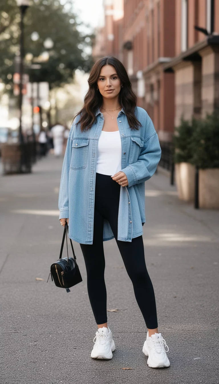 A beautiful woman in a white tank top, black leggings, an oversized light blue denim button-up shirt, and chunky white sneakers, holding a small black bag.