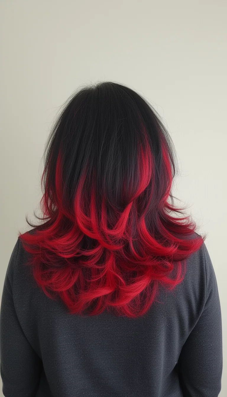 selfie of a 42-year-old woman wearing a dark top with a black hair featuring bright red chunky undertones and layers, with red framing pieces colored hair, viewed from the back, minimal background
