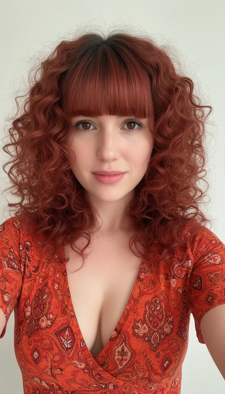 selfie of a 29-year-old woman wearing an orange/red patterned low-cut top with a voluminous, reddish-brown curly hair and bangs colored hair, front view, minimal background