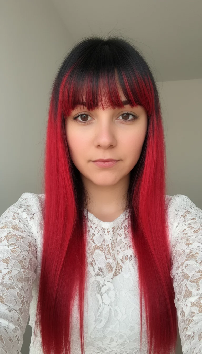 selfie of a 29-year-old woman wearing a white lace top with a dark roots and bright red streaks framing the face in long, straight hair, featuring face-framing bangs colored hair, front view, minimal background