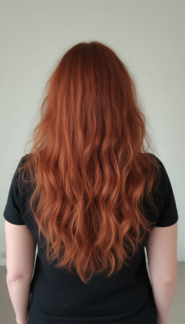 selfie of a 47-year-old woman wearing a black short-sleeved top with a very long, somewhat messy, warm reddish-brown wavy hair colored hair, seen from the back, minimal background
