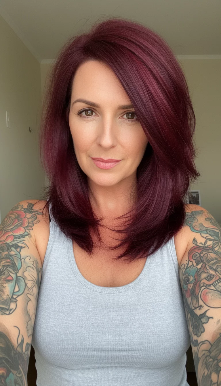 selfie of a 38-year-old woman wearing a light gray tank top with a rich, deep burgundy, mid-length hair with volume and sweep colored hair, showing tattoos, angled front view, minimal background