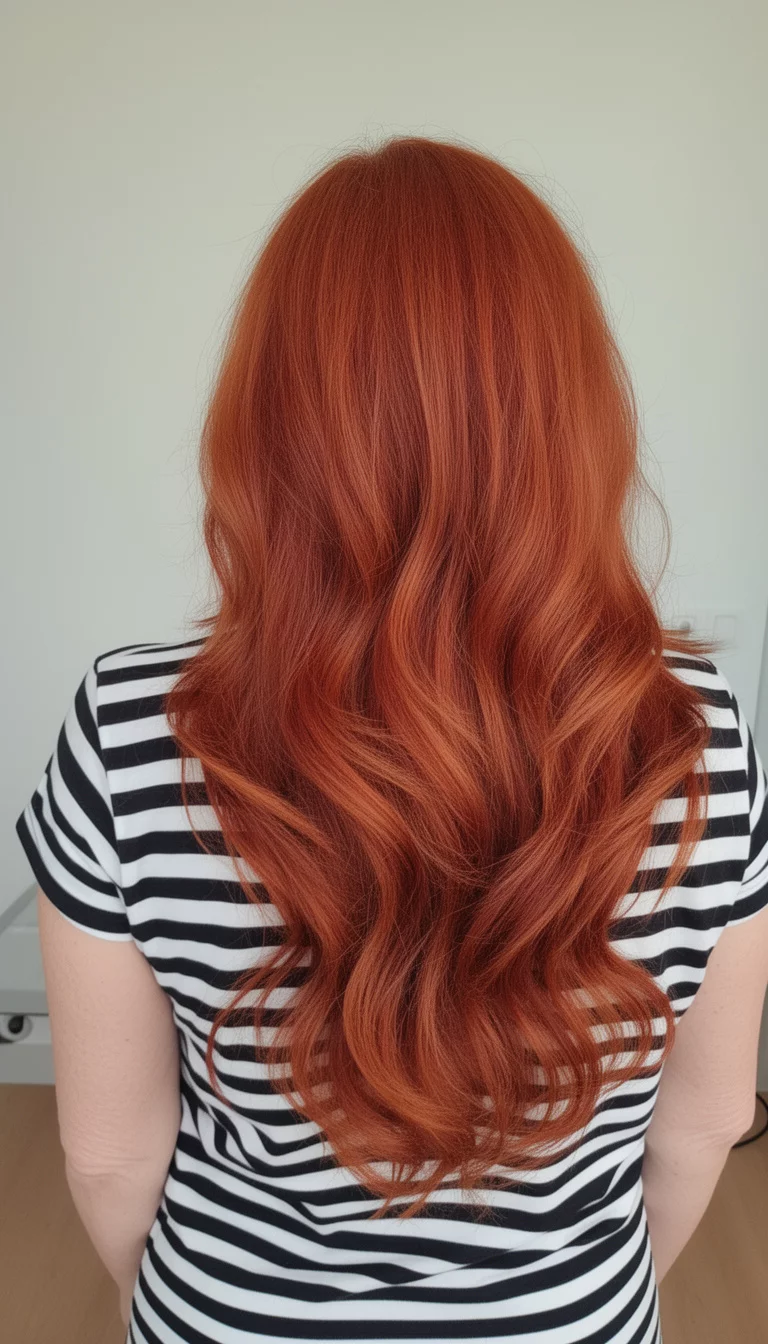 selfie of a 48-year-old woman wearing a black and white striped top with a warm, medium auburn/red color, long, wavy hair with layers colored hair, viewed from the back, minimal background
