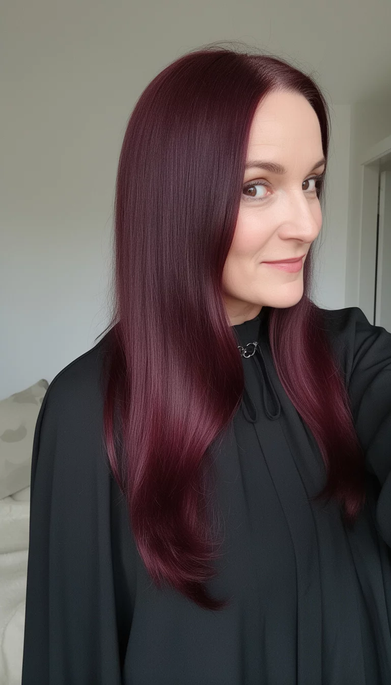 selfie of a 44-year-old woman wearing a black cape with a very long, shiny, dark burgundy hair, styled straight with a slight curve colored hair, viewed from the side, minimal background