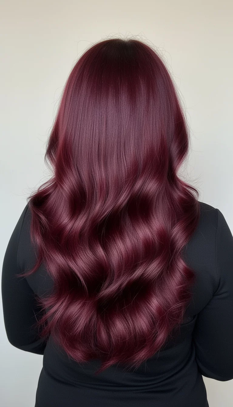 selfie of a 49-year-old woman wearing a black top with a long, shiny, deep burgundy hair styled with soft waves colored hair, viewed from the back, minimal background