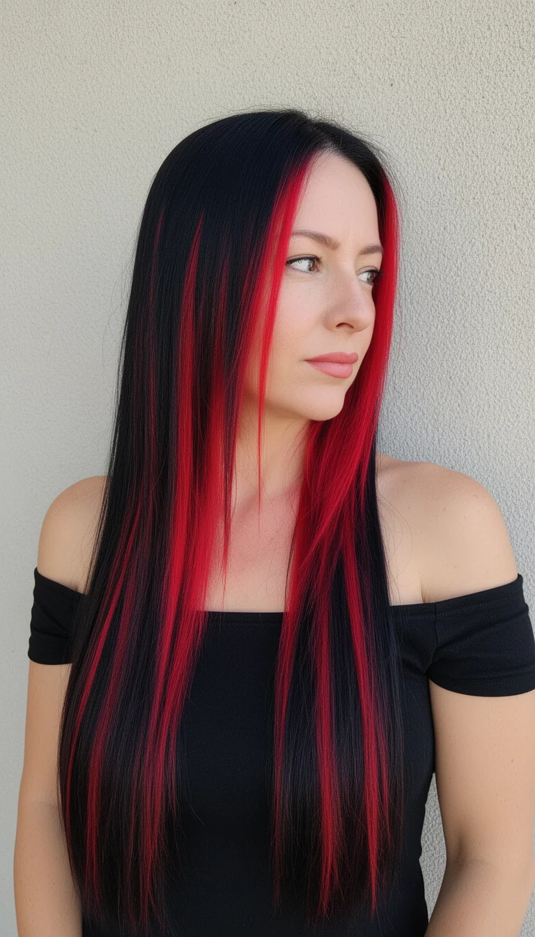selfie of a 36-year-old woman wearing a black off-the-shoulder top with a long, straight black hair with vibrant red streaks and face-framing pieces colored hair, side view against a wall, minimal background
