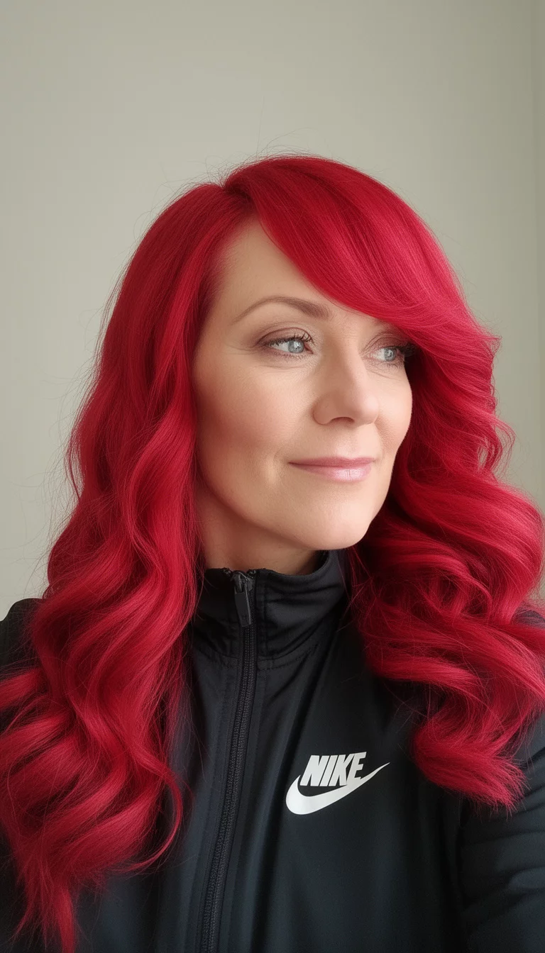 selfie of a 43-year-old woman wearing a black Nike jacket with a bright, vibrant red, long, voluminous wavy hair styled with a deep side part and swooping bang colored hair, side view, minimal background