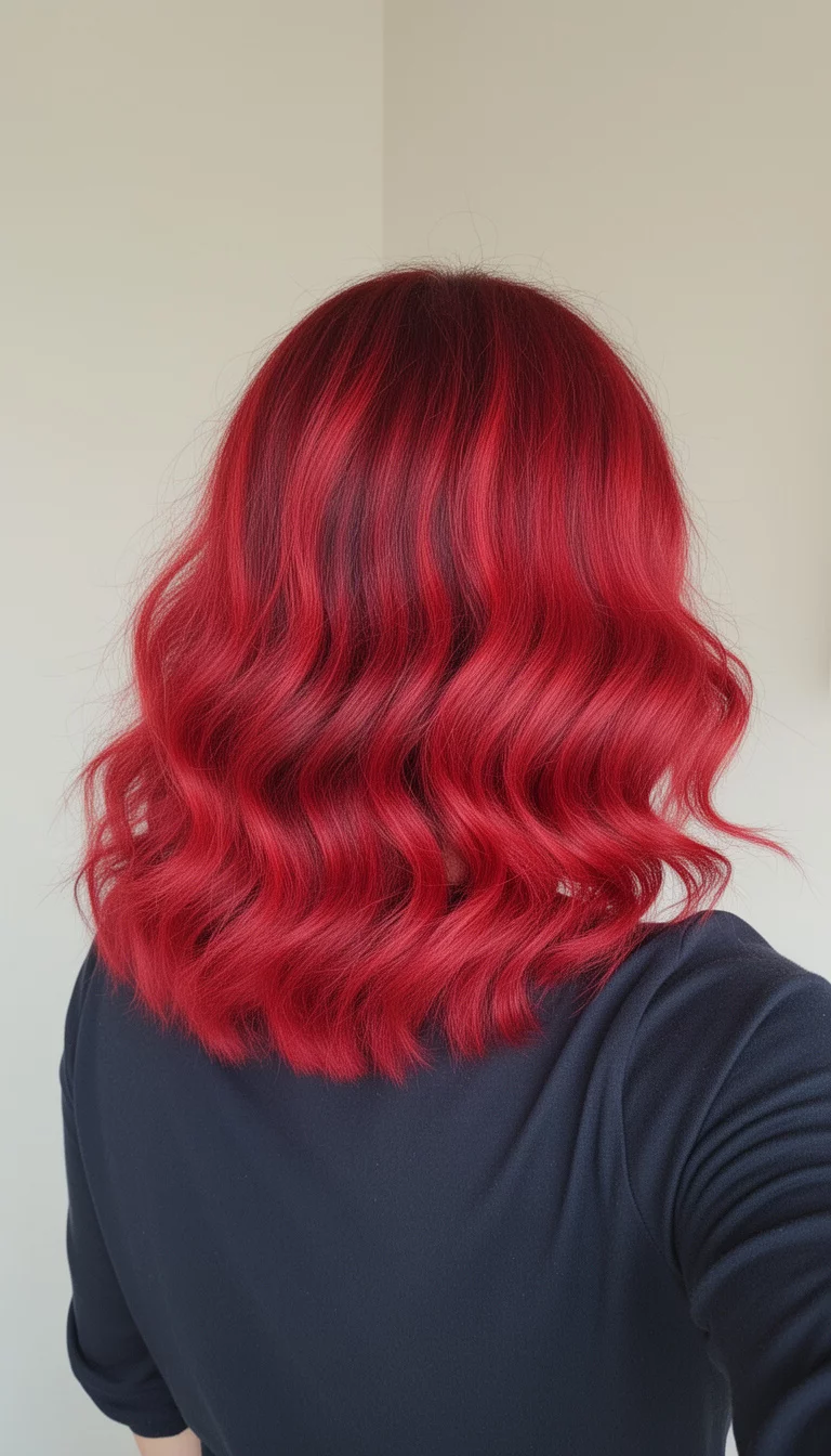 selfie of a 36-year-old woman wearing a dark top with a bright red, medium-length wavy hair with highlights colored hair, seen from behind, minimal background