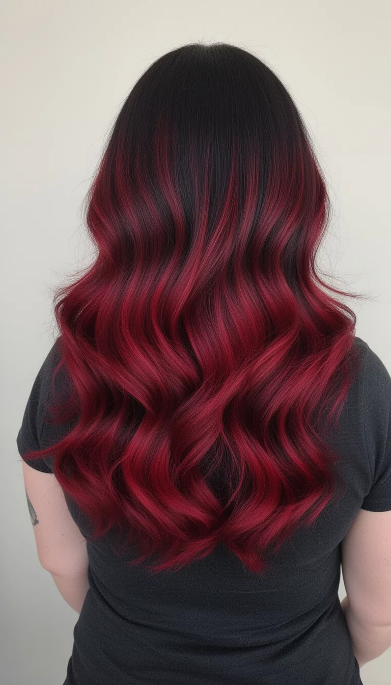 selfie of a 39-year-old woman wearing a dark top with a long, dark base hair featuring blended, rich red waves, styled with cascading layers colored hair, seen from the back, minimal background