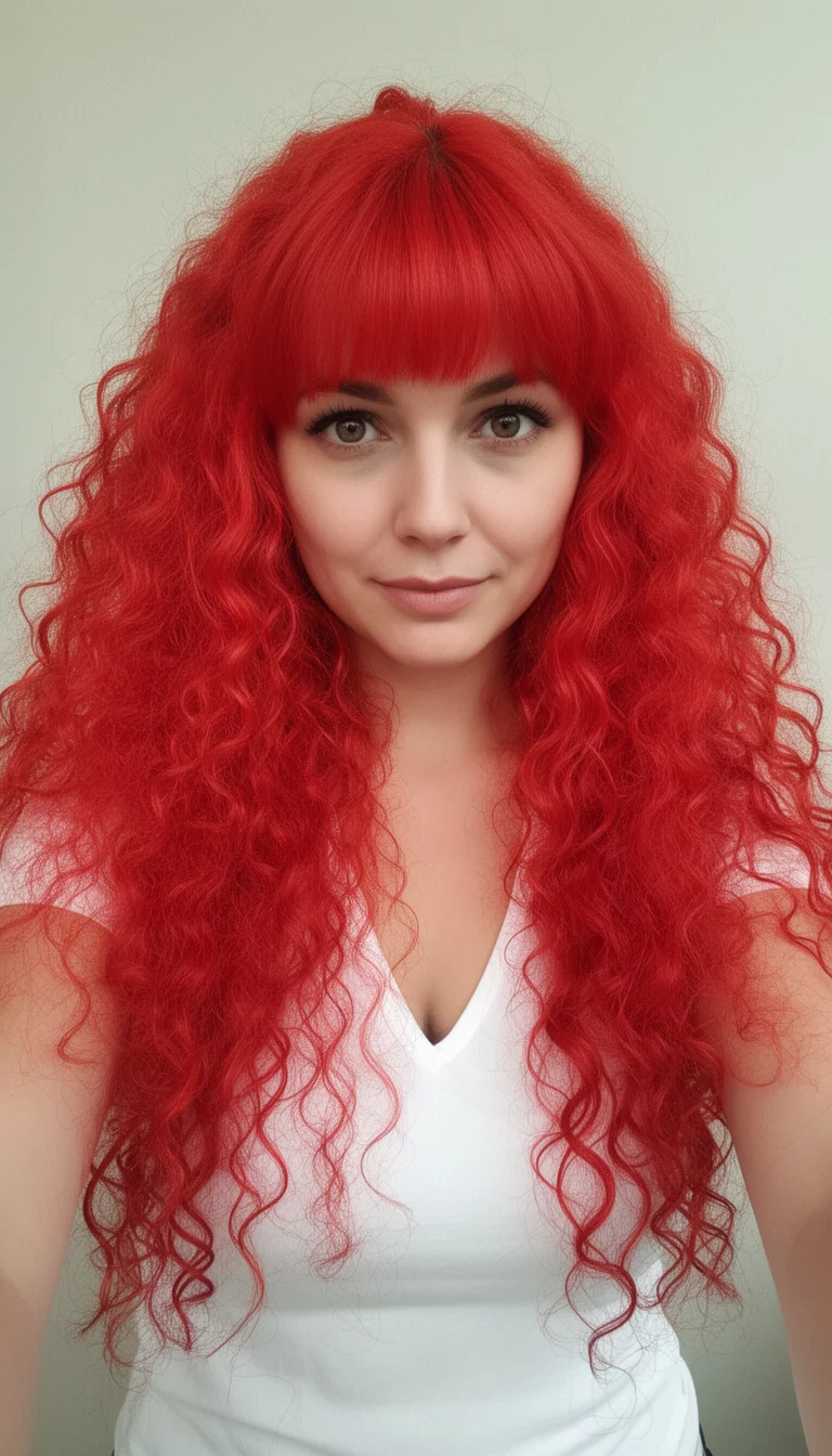 selfie of a 30-year-old woman wearing a white v-neck top with a voluminous, bright, fiery red, long curly hair and bangs colored hair, front view, minimal background