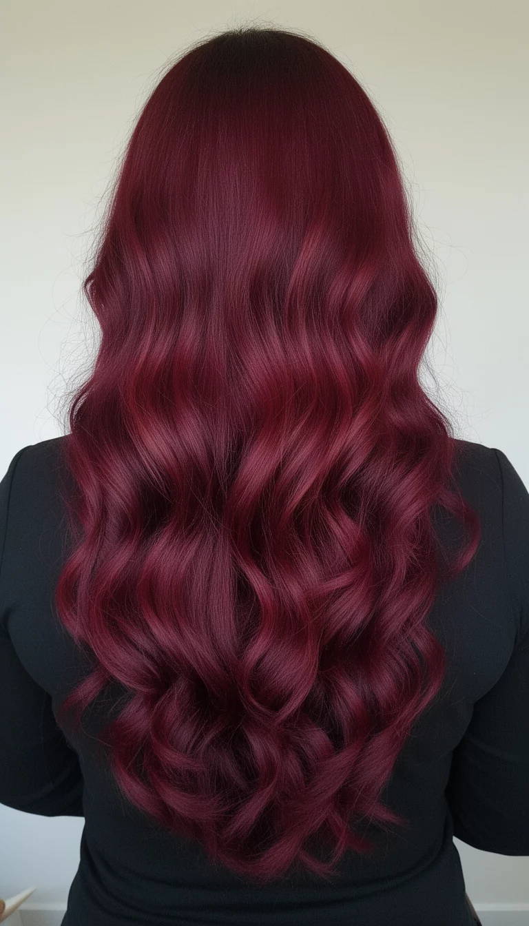selfie of a 38-year-old woman wearing a black top with a very long, wavy, deep burgundy/red hair colored hair seen from the back, minimal background