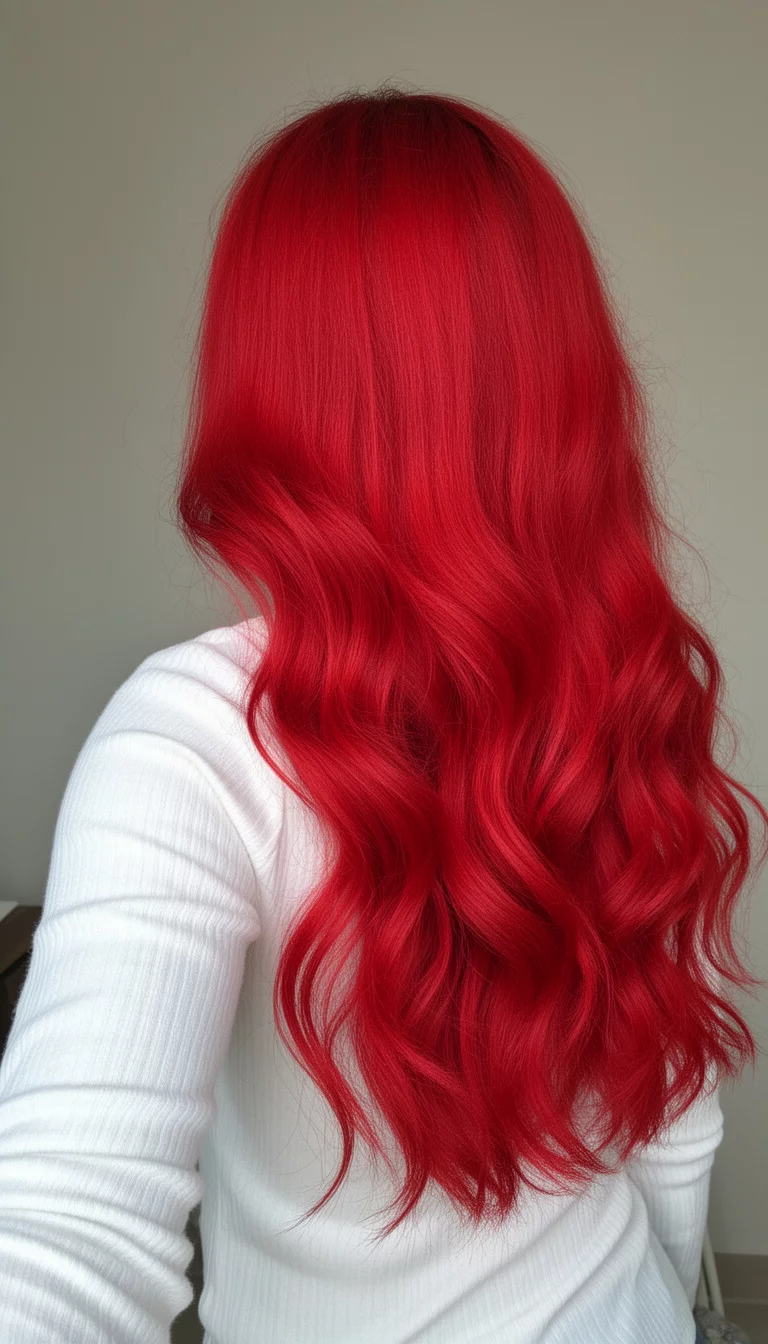 selfie of a 33-year-old woman wearing a white long-sleeved top with a very long, intensely bright red, wavy hair colored hair, seen from the back, minimal background
