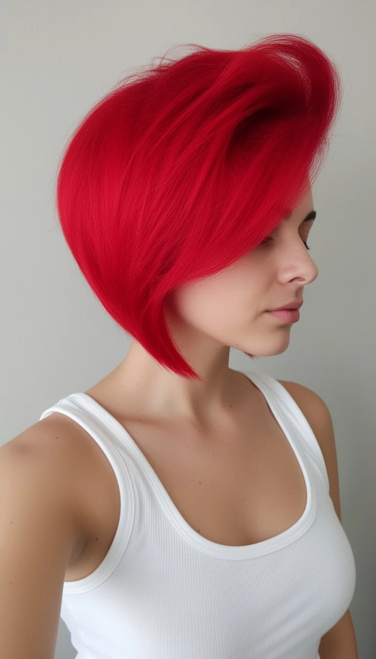 selfie of a 31-year-old woman wearing a white tank top with a vivid, bright red, voluminous hair styled in a sharp, voluminous angled bob with a face-framing side sweep colored hair, side view, minimal background